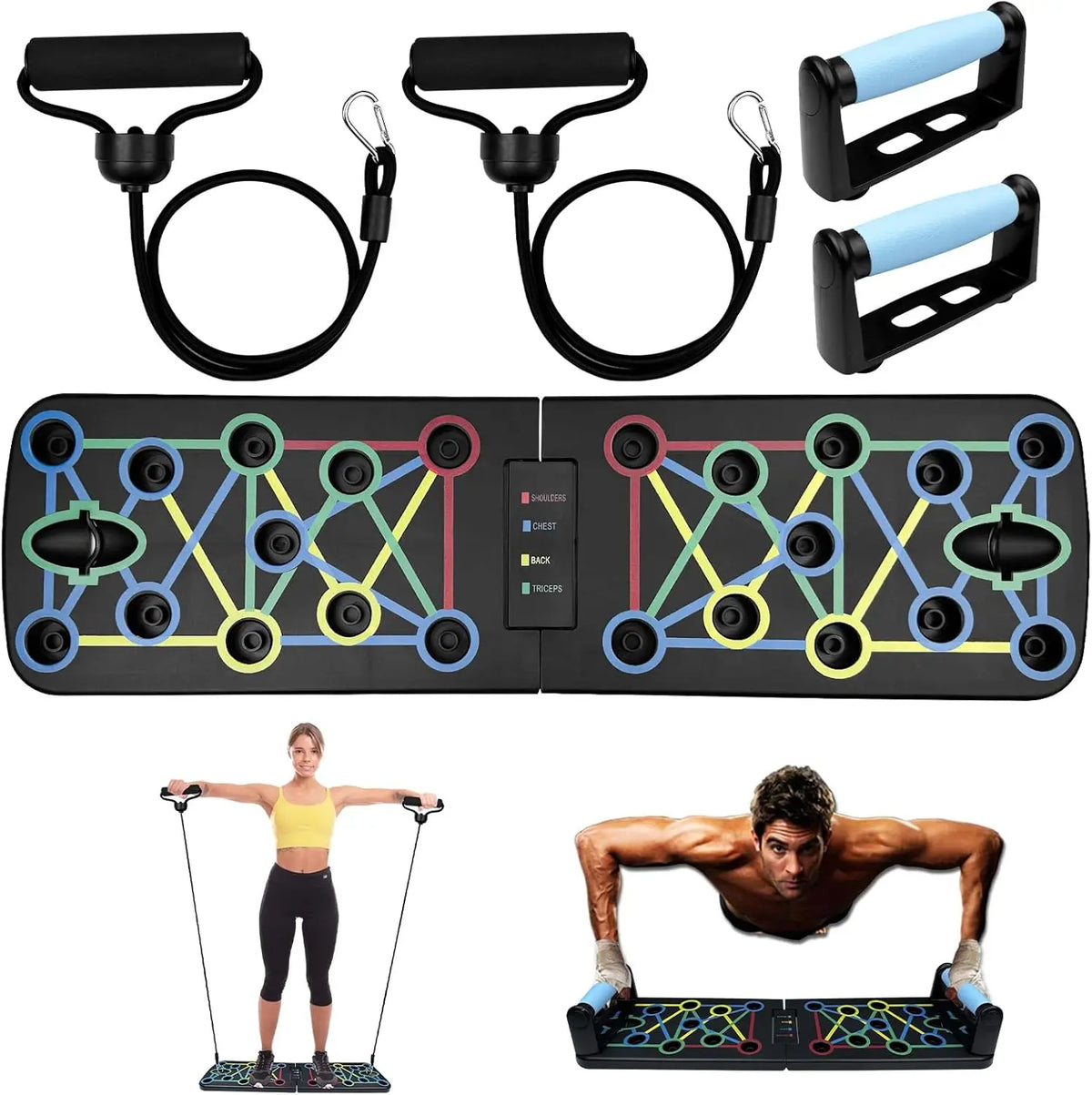 Push-Up Training Board, Curved Stand with Non-Slip Handle and 2 Pull Ropes, Fitness Training Equipment